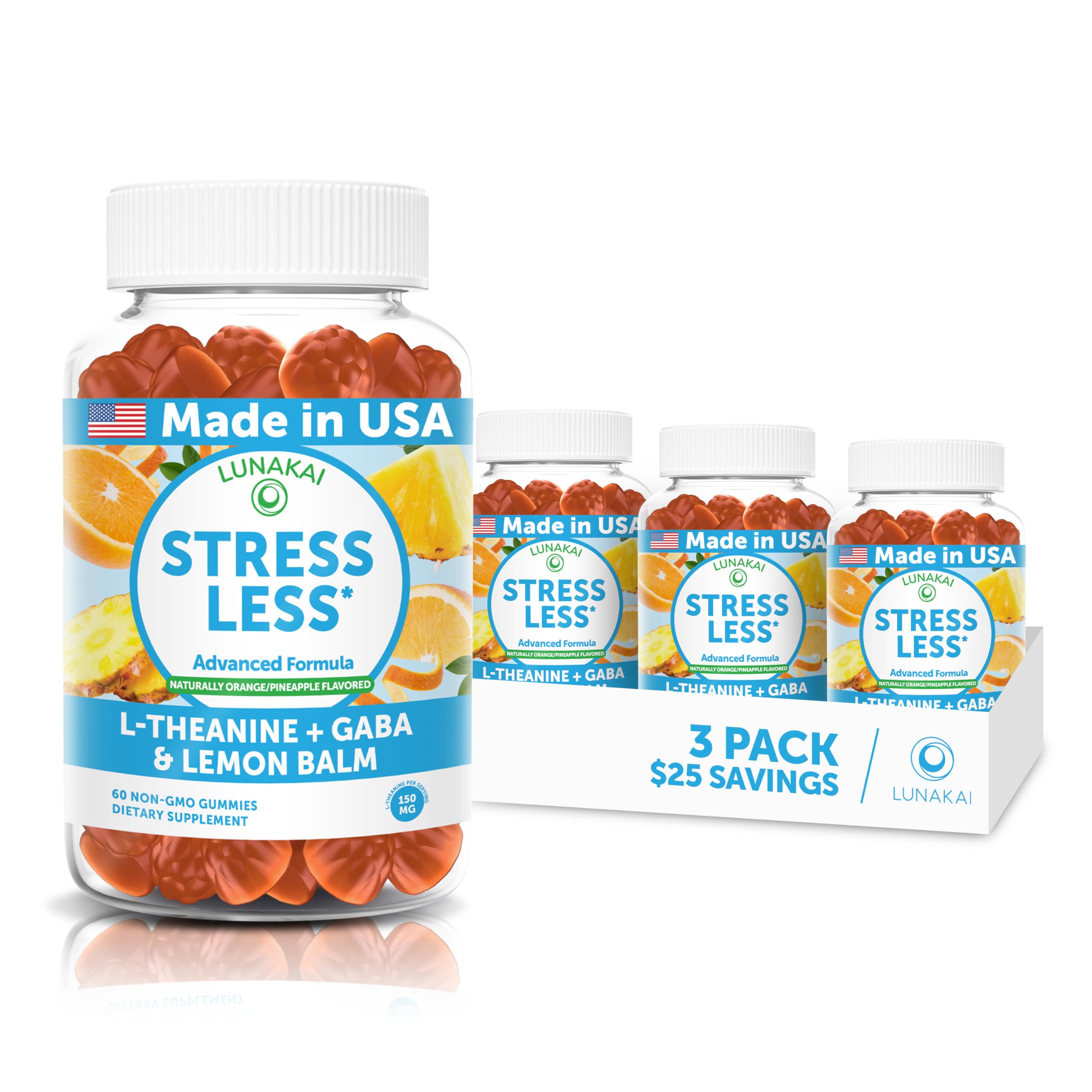 Lunakai USA Made Calm & Stress Relief Gummies – Delicious GABA + L-Theanine Calming Supplement for Adults & Kids – Natural Stress Support - 3 Pack