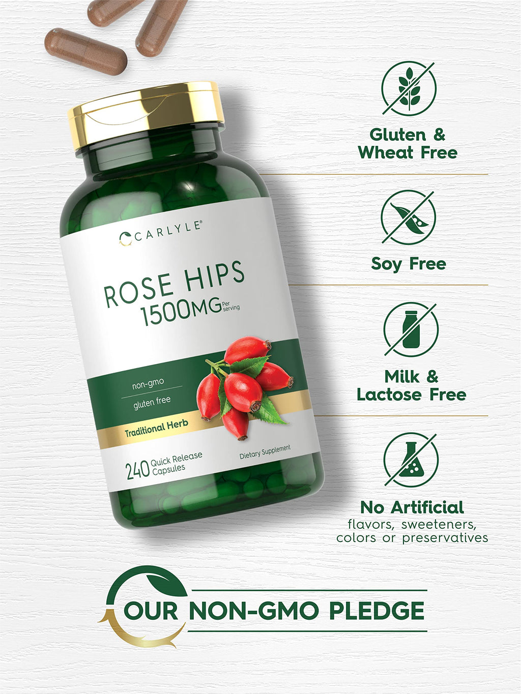 Carlyle Rose Hips | 1500mg | 240 Quick Release Capsules | Non-GMO and Gluten Free Herbal Supplement