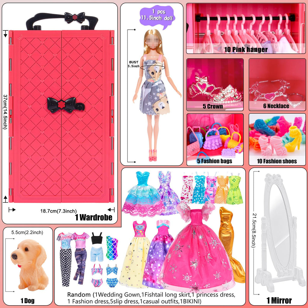 iBayda 11.5-Inch Fashion Doll with Closet Clothes Accessories Set - Includes Princess Gown, Long Dresses, Outfits, Shoes, Handbags, Mirror, Pet Dog & More (Doll Included)
