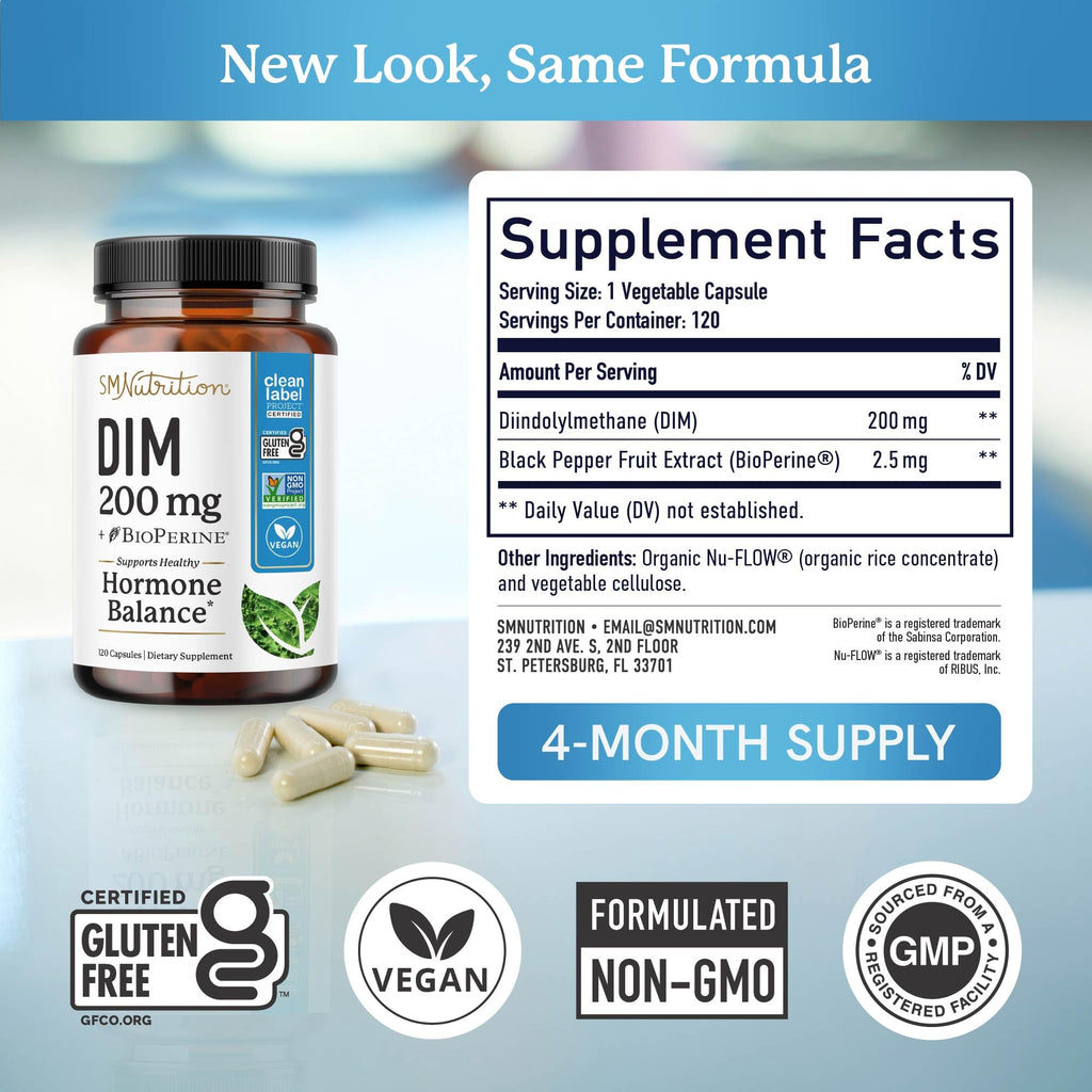 DIM Supplement 200 mg (120 Ct) | Estrogen Balance for Women & Men | Hormone Balance, Hormonal Acne Supplements, Menopause, Antioxidant & PMS Support | Non-GMO, Vegan, Soy Free | 4 Month Supply
