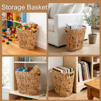 Pumtus Woven Trash Can, Handwoven Bathroom Waste Basket with Built-in Handles, Water Hyacinth Storage Bin, Garbage Laundry Magazine Container for Bedroom, Kitchen, Office, Utility Room