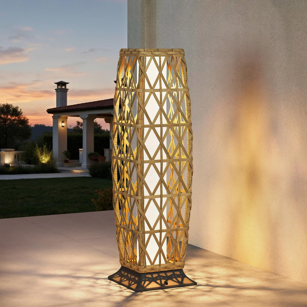 Grand patio 2-Piece Outdoor Floor Lamp Solar Lantern, Water-Resistant Wicker Boho Patio Light with 50/100 Lumens Dual Brightness & Memory Mode for Garden Porch Deck Decor, Large Cindy Natural
