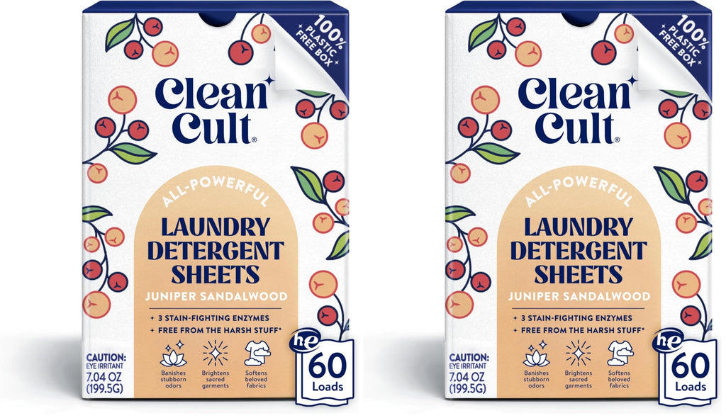 Cleancult Laundry Detergent Sheets - Resealable Box - 3 Stain Fighting Enzymes - Juniper Sandalwood - 60 Loads - Free of Harsh Chemicals - No Mess - No Plastic Waste (Pack of 2)