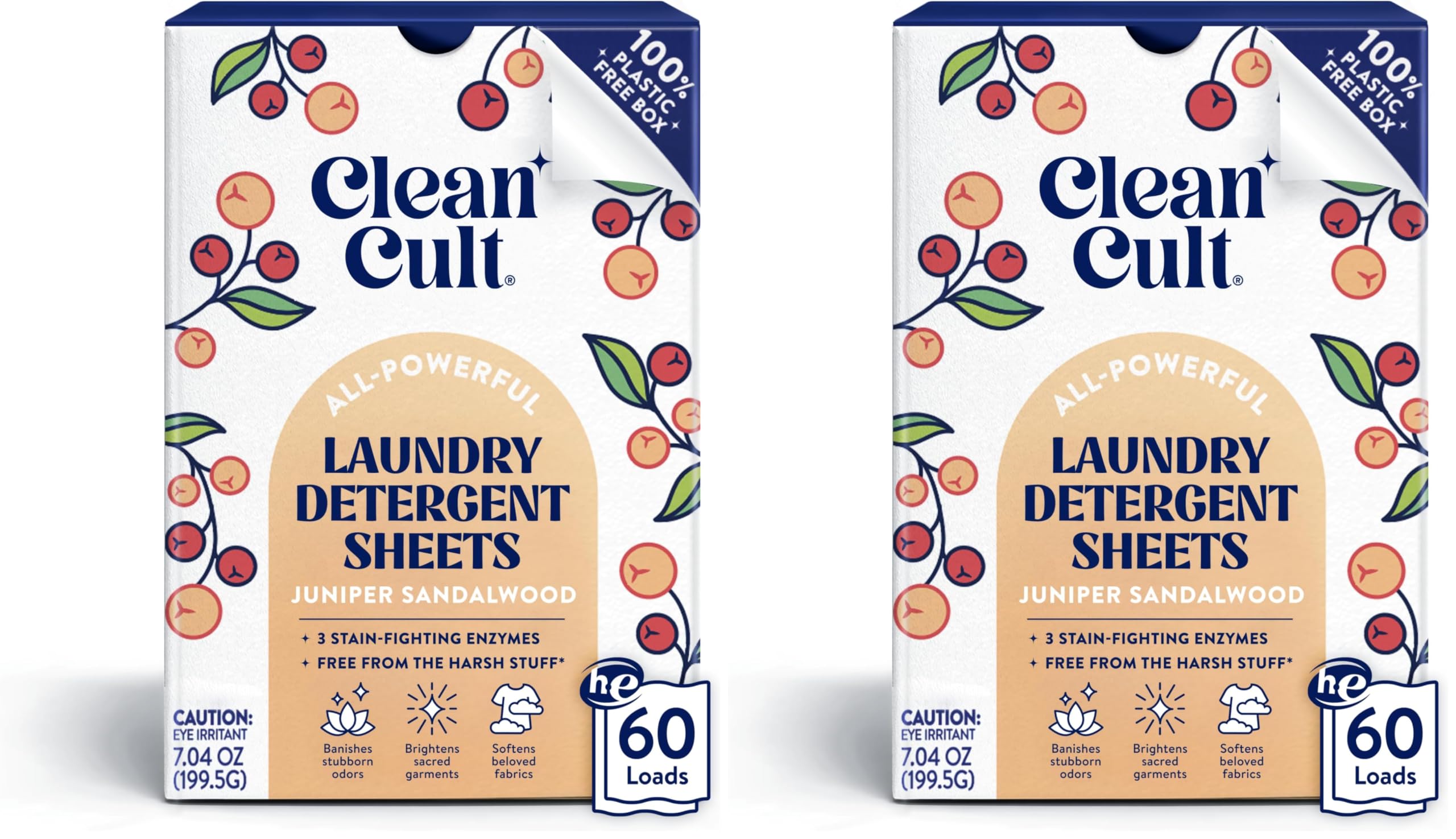 Cleancult Laundry Detergent Sheets - Resealable Box - 3 Stain Fighting Enzymes - Juniper Sandalwood - 60 Loads - Free of Harsh Chemicals - No Mess - No Plastic Waste (Pack of 2)