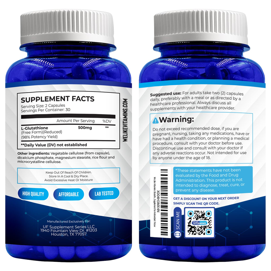 We Like Vitamins NSF Certified Glutathione Supplement 500mg - 60 Capsules of Reduced L-Glutathione for Antioxidant & Immune Support - Manufactured in USA