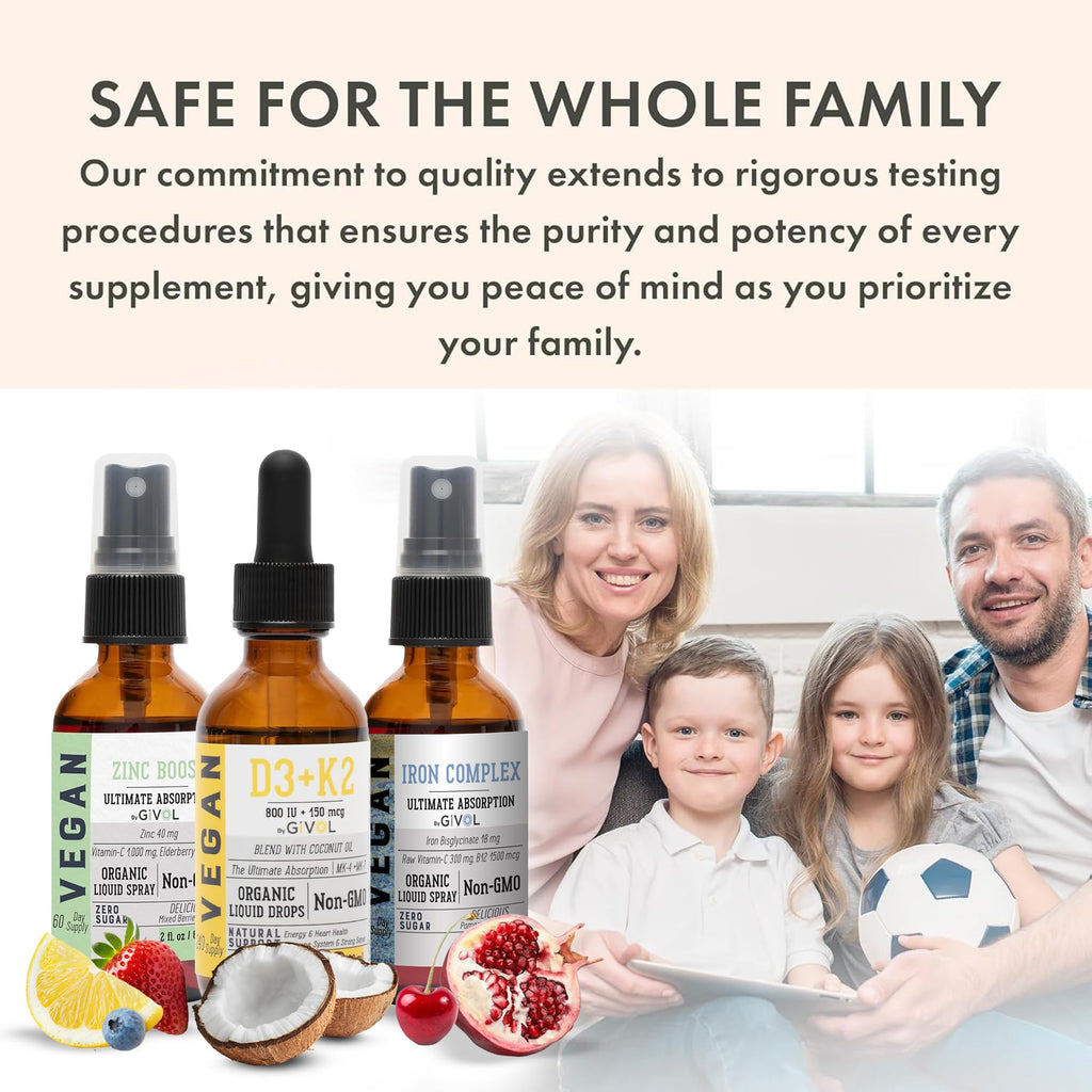 GIVOL Bone Support Bundle Liquid Spray - Iron Bisglycinate Complex, Zinc Picolinate, Vitamin D3 & K2 - Complete Multivitamin - Plant- Based, Non-GMO, Gluten Free, Sugar Free 2 Fl Oz (360 Days Supply)