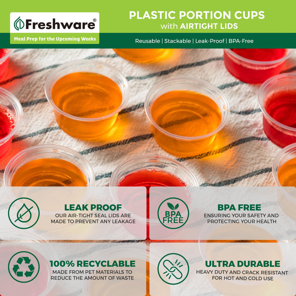 Freshware Plastic Portion Cups with Lids [5.5 Ounce, 200 Sets] Souffle Cups, Jello Shot Cups, Condiment Sauce Containers For Sampling, Sauce, Snack or Dressing