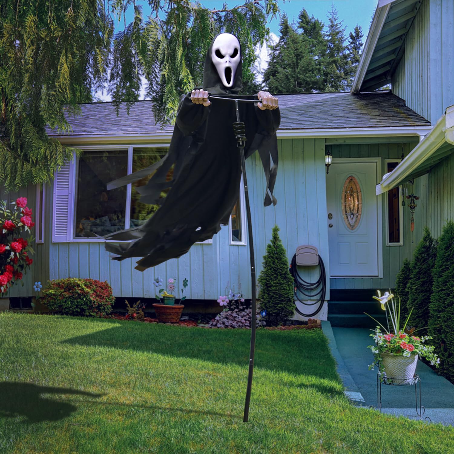 LarpGears Halloween Scarecrow Ghost Outdoor Decorations, 7.5Ft Halloween Rotatable Flying Ghost Home Decoration for Outdoor Garden, Porch, Yard