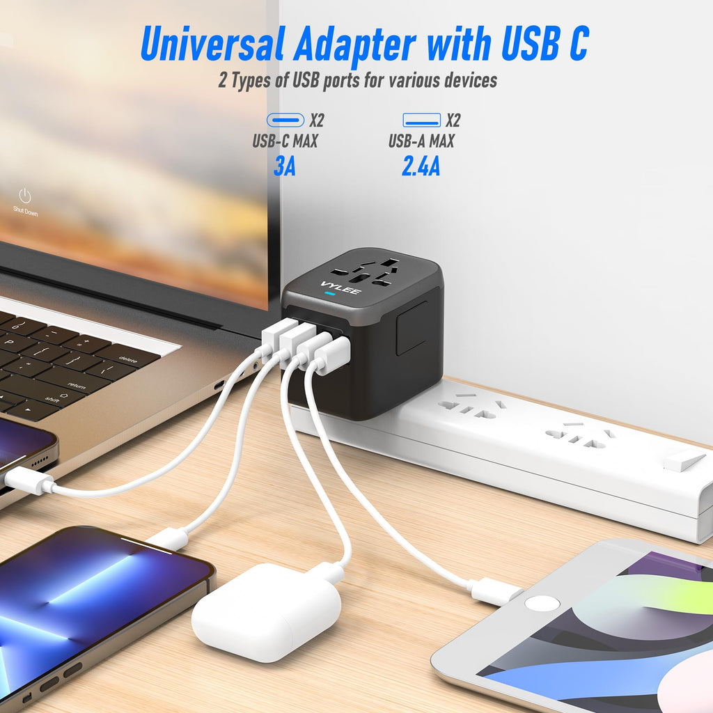 VYLEE Universal Travel Adapter, 5 in 1 International Power Adapter with 3.5A 2xUSB-A & 2xUSB-C Ports, Travel Plug Adapter Worldwide for Europe USA UK AUS Travel Essentials (Black Grey)