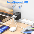 VYLEE Universal Travel Adapter, 5 in 1 International Power Adapter with 3.5A 2xUSB-A & 2xUSB-C Ports, Travel Plug Adapter Worldwide for Europe USA UK AUS Travel Essentials (Black Grey)