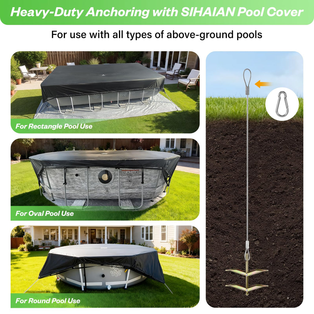 SIHAIAN Earth Anchors Kit with Driving Rod and Hook for SIHAIAN Pool Cover(Soft Surfaces),Suitable for anchoring Basketball Hoop, Pool, Trampoline, gazebos, and Orchards