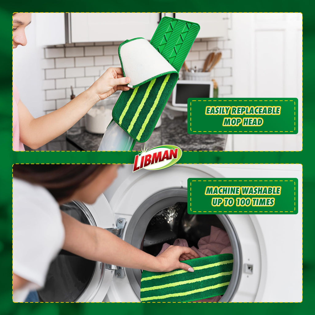 Libman Freedom Spray Mop Kit, Microfiber Wet Mops for Floor Cleaning, Hardwood, Laminate, Tile Cleaner, Household Tool, 24 Oz Solution Tank, Two Extra Replacement Refill Heads Included