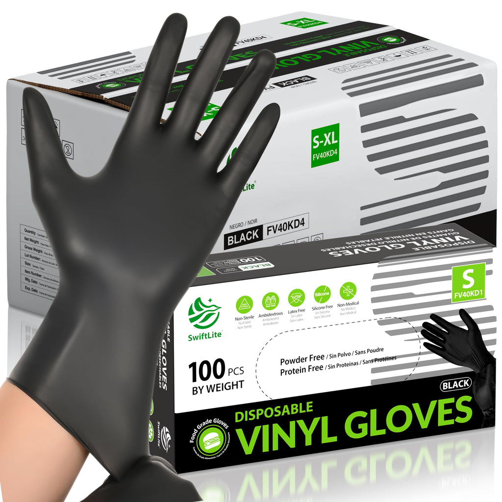 SWIFTLITE Black Vinyl Gloves, Food Grade Gloves Disposable Latex Free & Powder Free, Guantes for Cleaning Cooking Food Prep (1000, Medium)