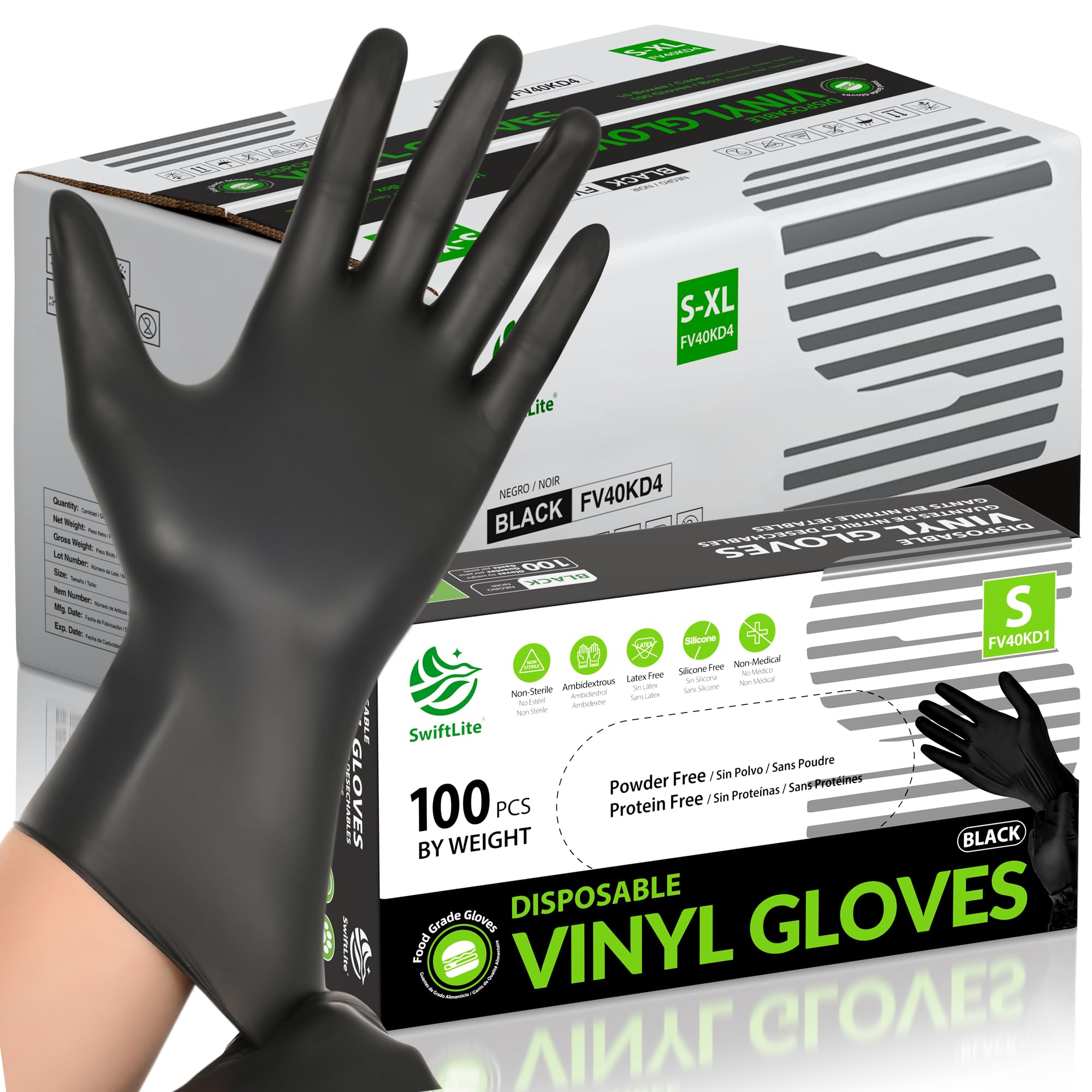 SWIFTLITE Black Vinyl Gloves, Food Grade Gloves Disposable Latex Free & Powder Free, Guantes for Cleaning Cooking Food Prep (1000, Medium)