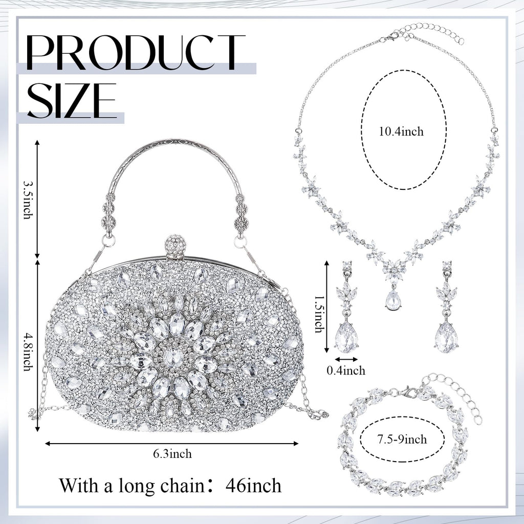 Quelay 4 Pcs Purse Rhinestone Jewelry Set for Wedding Bridal Women Evening Clutch Bag Necklace Dangle Earrings Bracelets(Silver,Stylish Style)