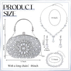 Quelay 4 Pcs Purse Rhinestone Jewelry Set for Wedding Bridal Women Evening Clutch Bag Necklace Dangle Earrings Bracelets(Silver,Stylish Style)