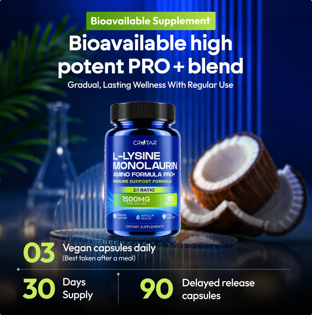 Crotar Lysine 1000mg Capsules with Monolaurin | Immune Support Supplement + Lip, Skin Support | Dual Action Essential Amino Acid Formula | Monolaurin and Lysine Supplement | 90 Capsules