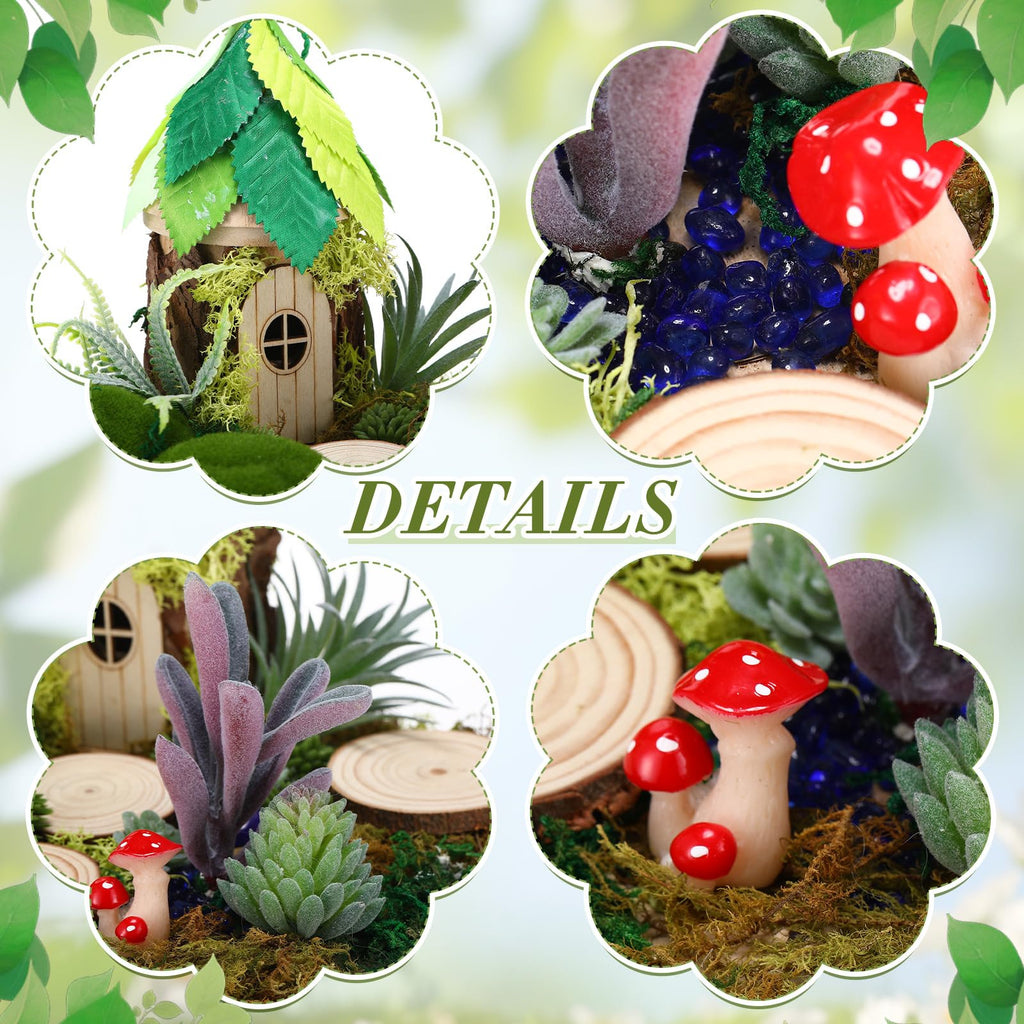 Amyhill DIY Fairy Garden Kit Make Your Own Wooden Mini House Craft Kit Miniature Fairy Garden Accessories Micro Mushrooms Plants Ornaments Craft for Outdoor Indoor Mini House Decor