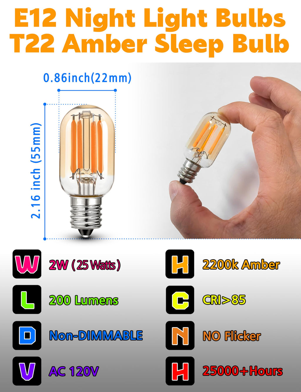 LED Night Light Bulbs E12 Salt lamp Bulb 2w 200lm, 15W-20W Equivalent, 2200k Warm Amber Sleep Light Bulb,T22 E12 Candelabra Base for String Light Decorative Bulb Chandeliers Bedside Bulbs (4Pack)