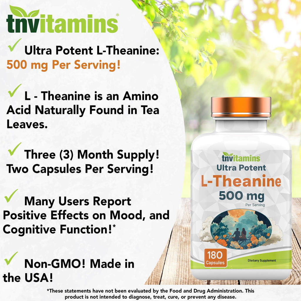 tnvitamins L-Theanine Capsules 500 mg Per Serving, 180 Capsules | Calm Focus & Relaxation Support* | Helps Promote Stress Balance, Mental Clarity & Mood Support* | Non-GMO, Made in USA
