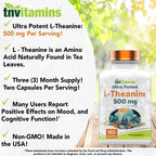 tnvitamins L-Theanine Capsules 500 mg Per Serving, 180 Capsules | Calm Focus & Relaxation Support* | Helps Promote Stress Balance, Mental Clarity & Mood Support* | Non-GMO, Made in USA