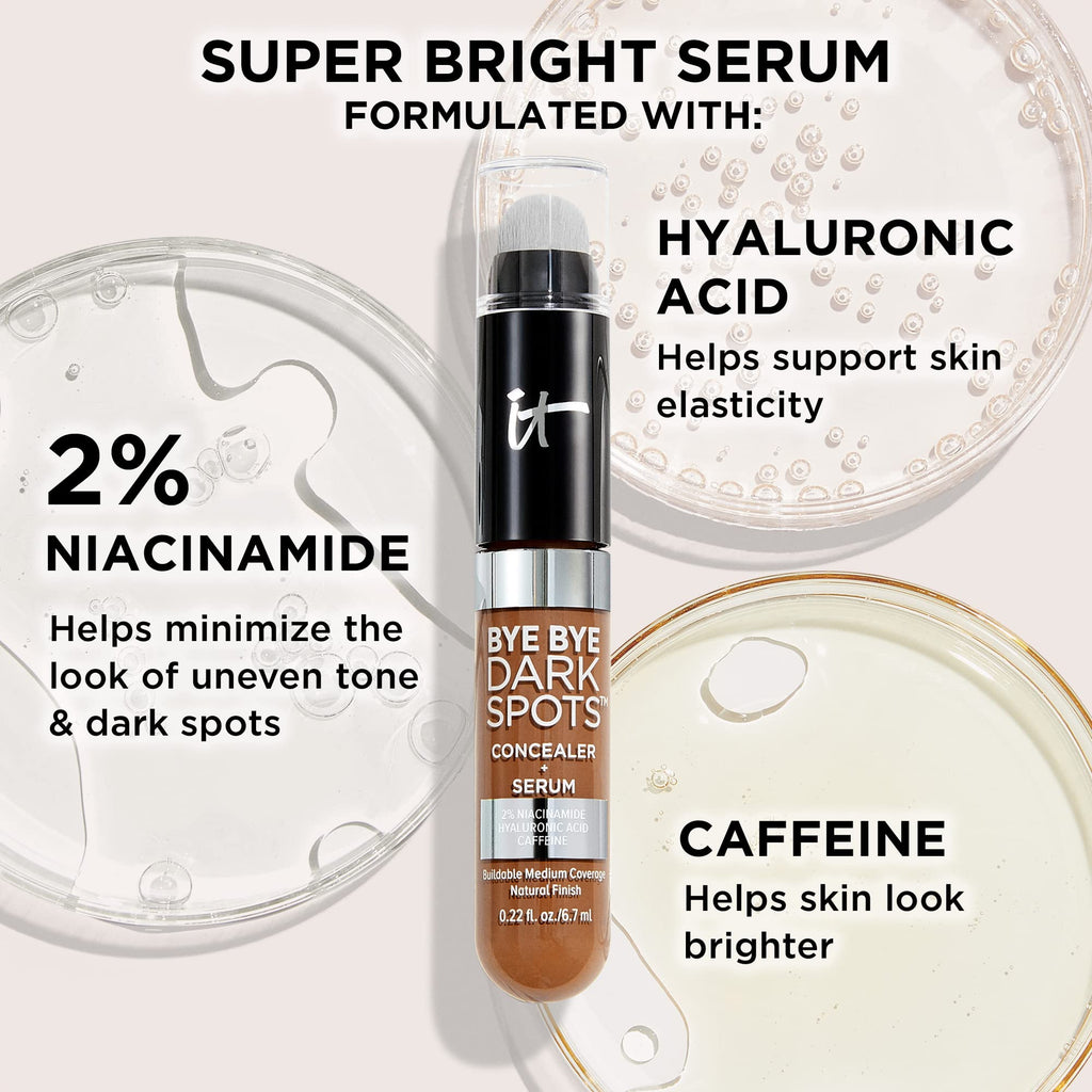IT Cosmetics Bye Bye Dark Spots Concealer + Brightening Serum – 2% Niacinamide, Hyaluronic Acid & Caffeine - Medium Coverage, Natural Finish, All Skin Types – 12 Fair Warm, 0.22 fl. oz
