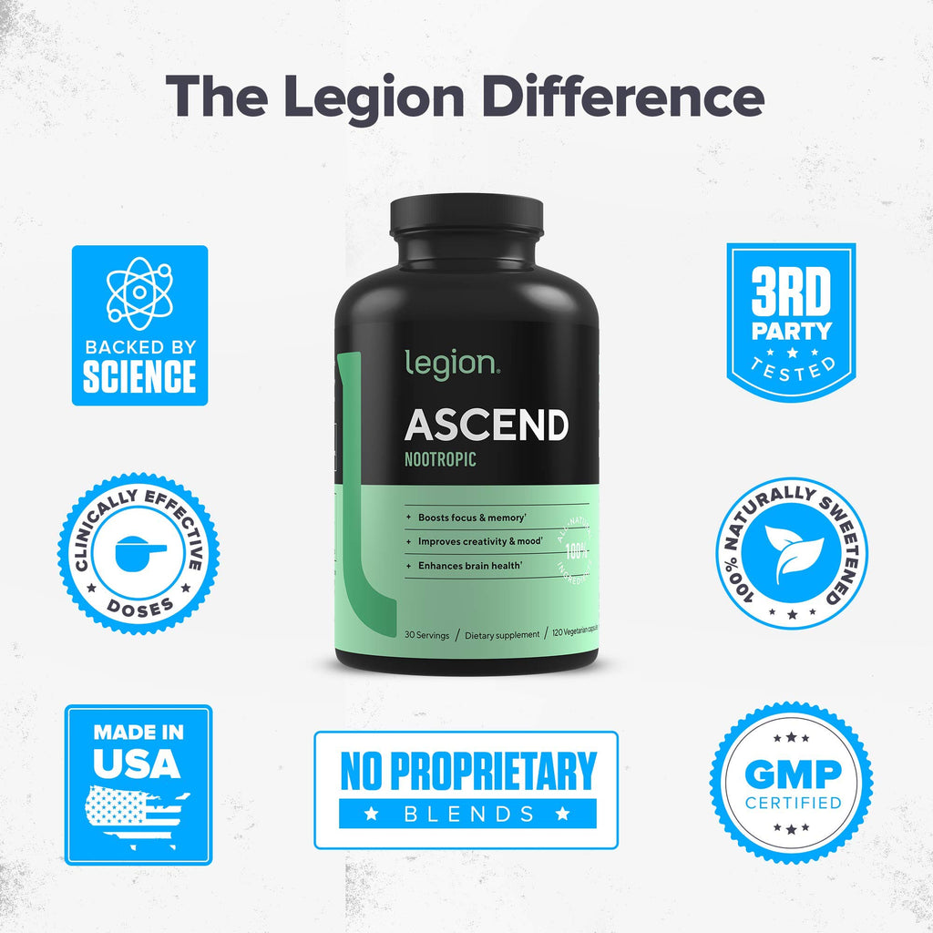 LEGION Athletics Ascend Nootropic - All-Natural Brain Supplements for Memory and Focus - Nootropics Brain Support Supplement with Alpha-GPC - Brain Supplement for Alertness & Mood Support, 30 Servings