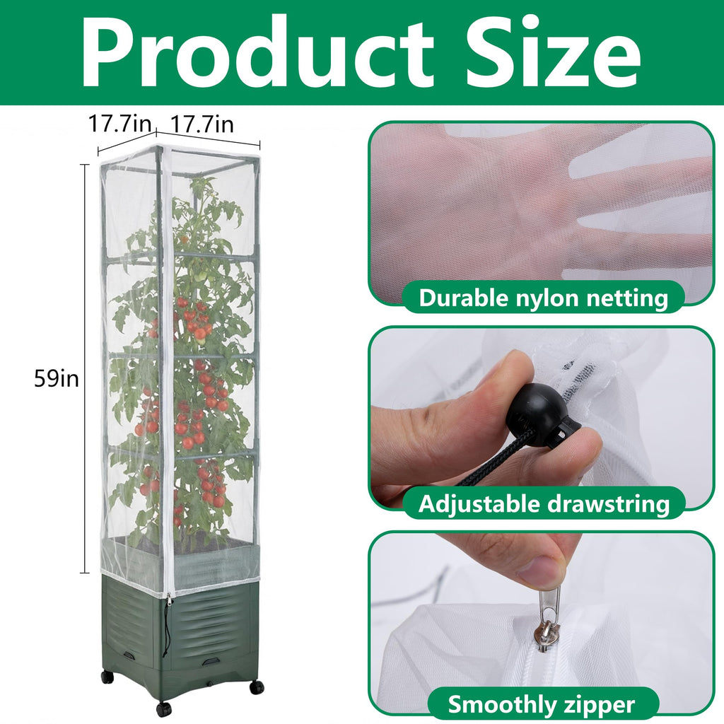 4 Pcs Garden Bird Netting Plant Cover for Square Tomato Cage, 59" x 17.7" Insect Bird Barrier Tomato Cage Net with Zipper & Drawstring, Tomato Trellis Netting Protection Cover for Protecting Plants