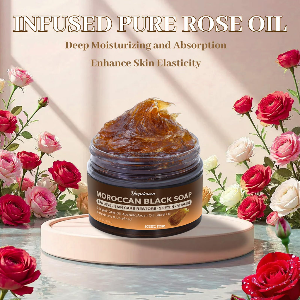 2 PCS Moroccan Black Soap with Argan and Rose Oil, SPA Level Handmade Black Beldi Soap Exfoliating and Softening, Natural and Organic for Face, Body, Hair and Shave, Rose Scent, 5.29 oz/150 g