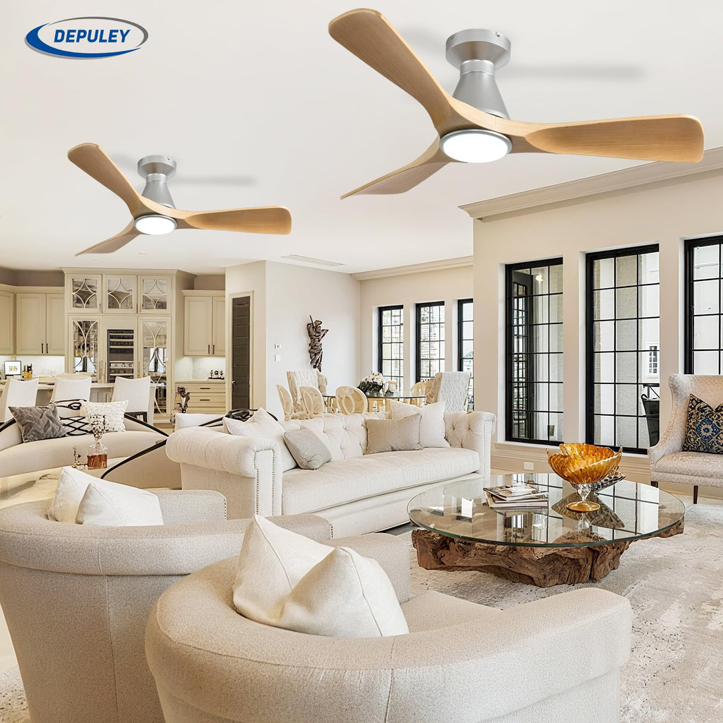 Depuley Ceiling Fans with Lights for Bedroom: 42 In Smart Low Profile Ceiling Fan with Voice Alex APP Remote Control - Wood Fandelier Flush Mount Fan 3 Blades Dimmable 3CCT Ultra Quiet