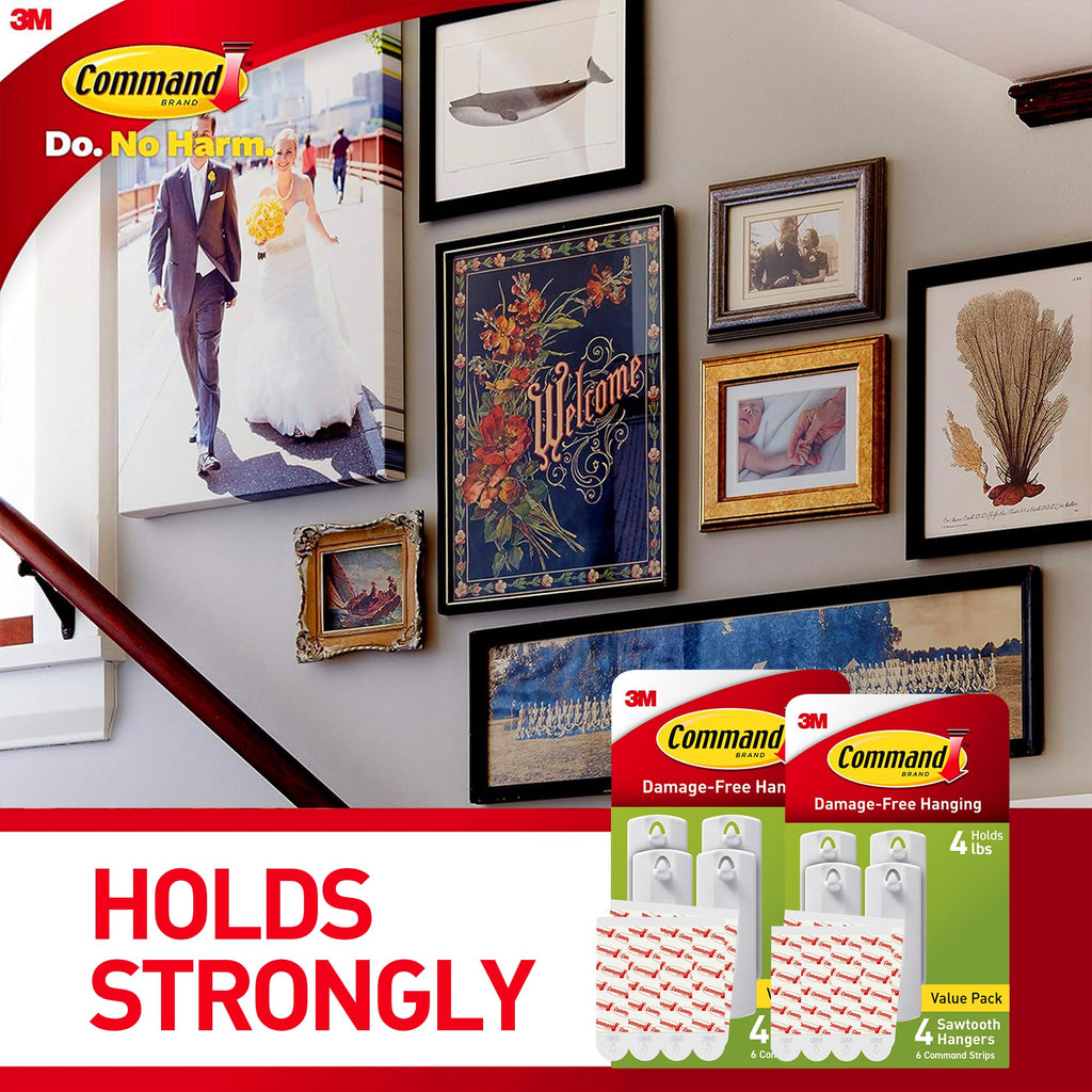 Command Sawtooth Picture Hangers, Damage Free Hanging Frame Hangers, No Tools Wall Hooks for Hanging Sawtooth Frames in Living Spaces, 8 White Picture Frame Hangers and 16 Command Strips