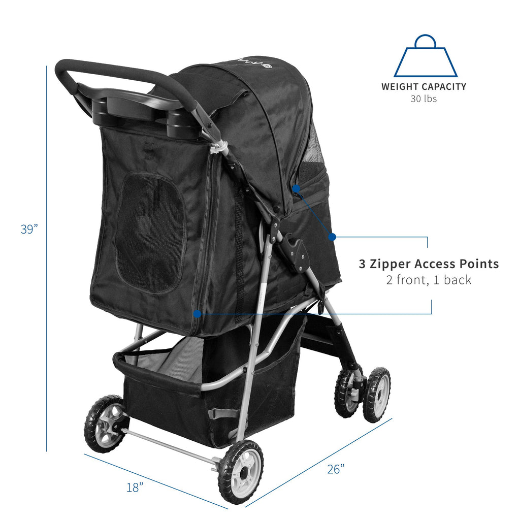 VIVO Black 4 Wheel Pet Stroller for Cat, Dog and More, Foldable Carrier Strolling Cart, STROLR-V001K