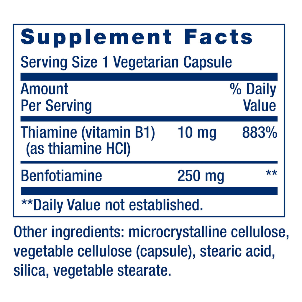 Life Extension Mega Benfotiamine, 250 mg, a fat-soluble form of thiamine, healthy metabolism, ultra-bioavailable vitamin B1, high potency, gluten-free, non-GMO, vegetarian, 120 capsules