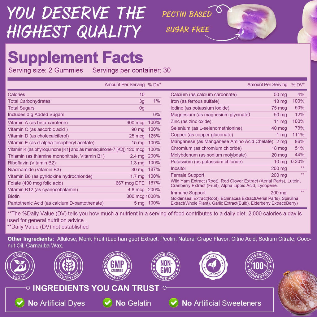 Totaria Sugar Free Multivitamin Gummies for Women 14+ w/Iron, Inositol, Folate, Biotin, Womens Daily Multivitamin Gummy w/Vitamin A, C, B, D3, K2, for Hair, Skin, Energy, Immune, Grape Flavor