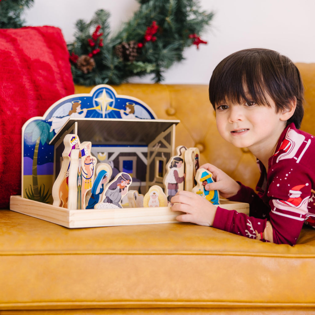 Melissa & Doug Classic Wooden Christmas Nativity Set with 4-Piece Stable and 11 Wooden Figures