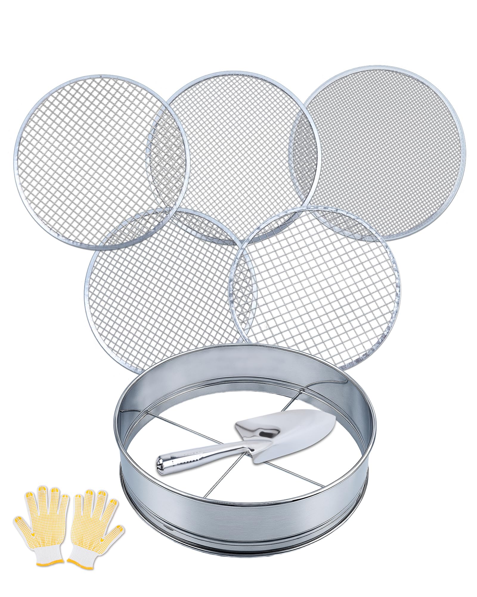 HIPULX 5-in-1 Soil Sifter Set with 5 Replaceable Stainless Steel Mesh Screen & Shovel (1/8" to 1/2"), Soil Sifter for Soils, Compost, Bonsai, Cat Litter and More（11-5/8" Diameter）