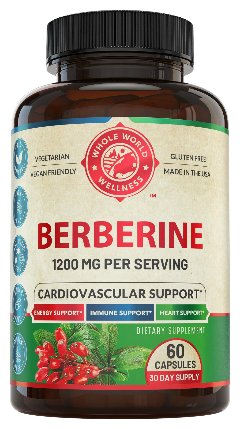 1200mg Berberine Herbal Health Capsules Support Heart and Cardiovascular Health, Help Maintain Healthy Cholesterol, Triglyceride, Blood Sugar Levels, Supports Digestion, Boosts Metabolism, 60 Capsules