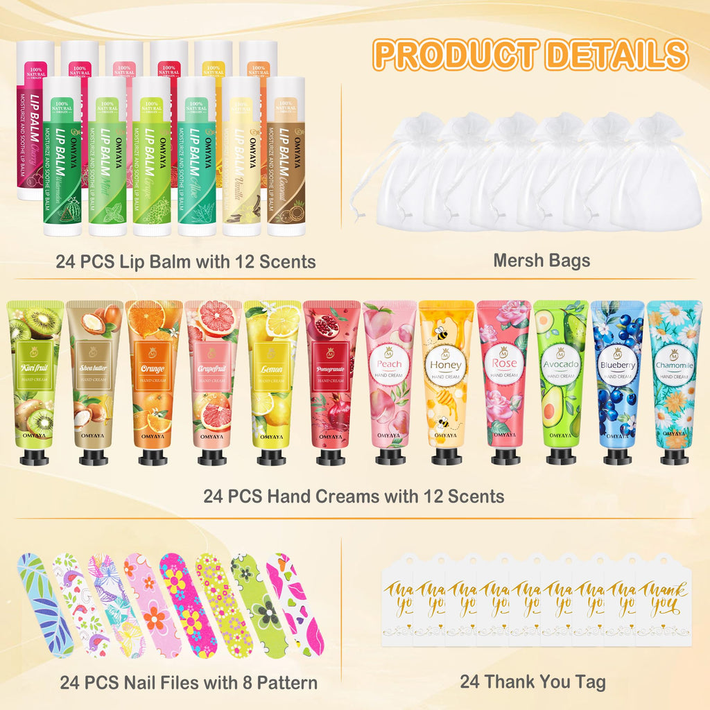YUEONEWIN 24 Sets Bulk Gifts For Women, Hand Cream Lotion, Lip Balm, Mini Nail Files Gifts Set with Organza Bags, Thank You Card, Baby Shower Bridal Wedding Favor for Guests, Christmas Gift for Women