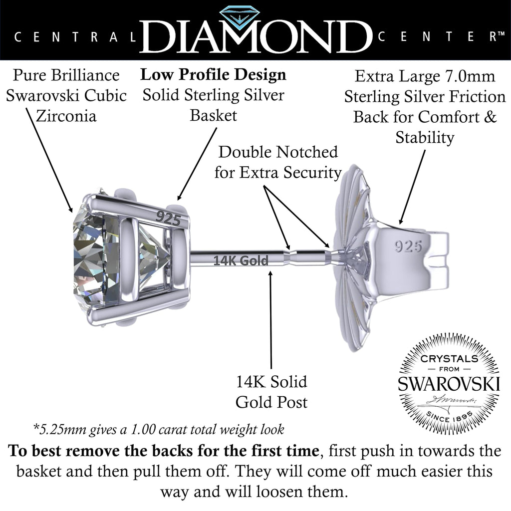 Central Diamond Center 14K Solid Gold Post & Sterling Silver Made with Swarovski 4 Prong CZ Stud Earrings - Platinum Plated - 5.25mm - 1.00cttw