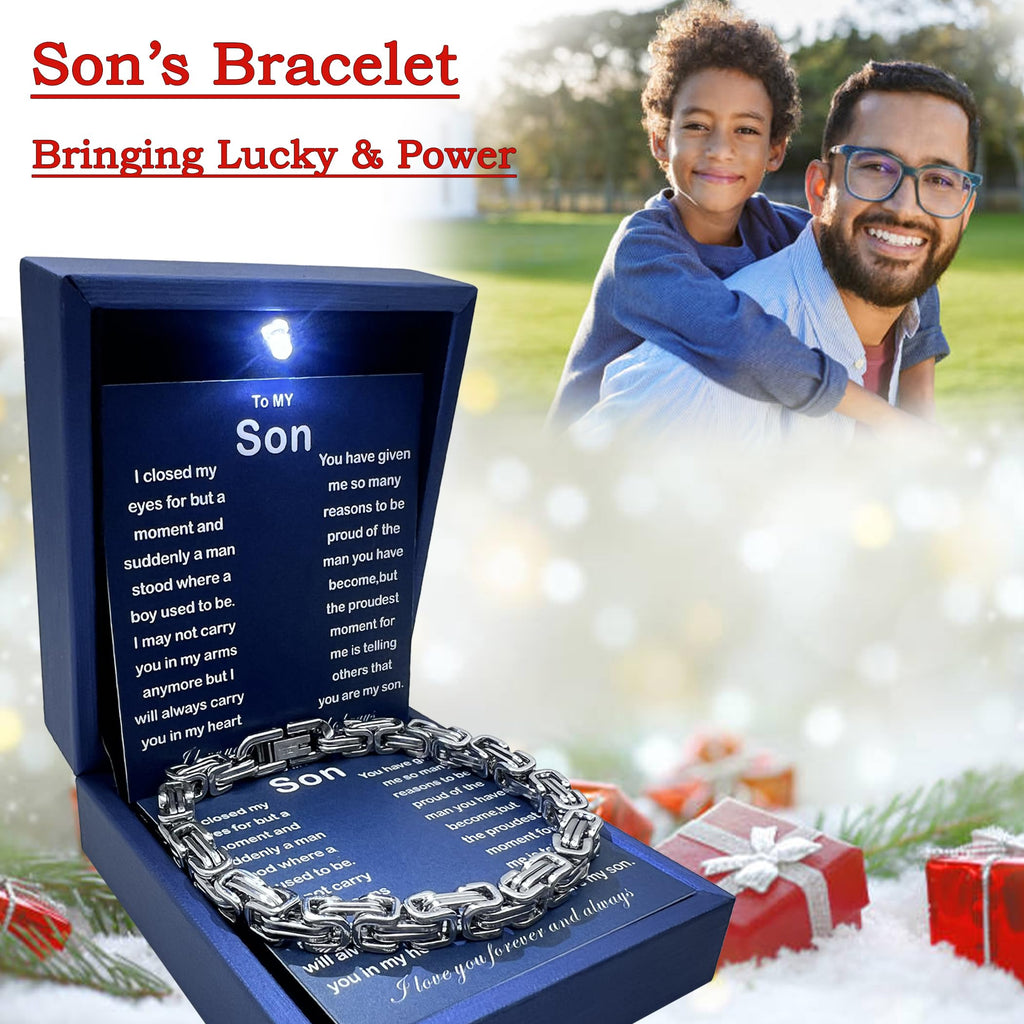 MGOOL To My Son Bracelet From Dad Son Gifts From Mom Graduation Birthday Christmas Father's Day Gifts Message Card���LED Gift Box (SB902 -Silver)