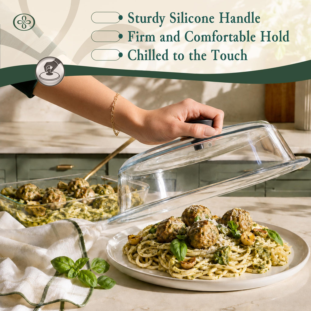 Le'raze Tall Glass Microwave Splatter Cover - Cool Touch Easy Grip Handle