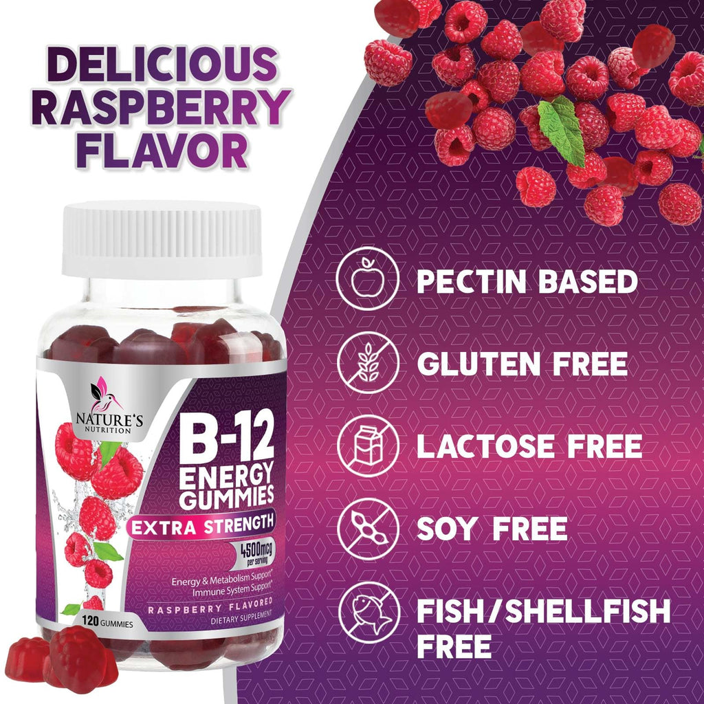 B12 Energy Gummies - 4500 mcg Per Serving Extra Strength Vitamin B12 Chewables - Dietary Supplement for Energy Metabolism & Immune Support - For Women, Men, & Kids - Natural, Berry Flavor - 120 Count