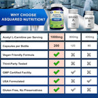 aSquared Nutrition Acetyl L-Carnitine 1000mg Per Serving Max Strength - 200 Veggie Capsules - High Dosage Acetyl L Carnitine HCL (ALCAR) Supplement Pills to Support Pure Energy, Brain Function