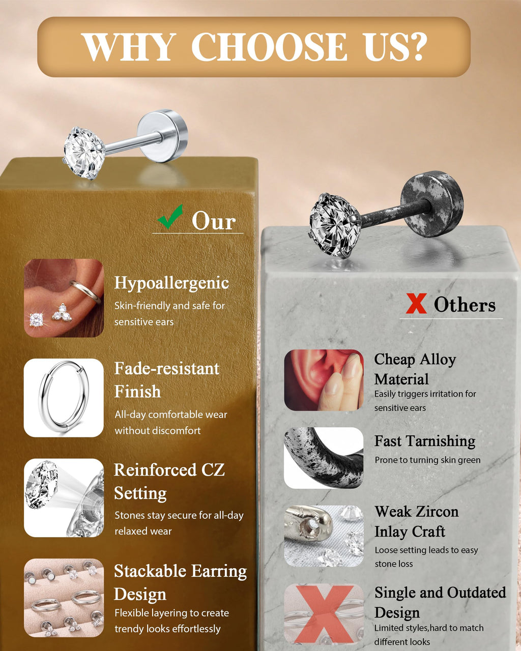 MILACOLATO Hypoallergenic Flat Back Earrings Silver Cartilage Earring Sets for Multiple Piercing 20G Surgical Stainless Steel Earrings for Women Trendy Earring Stacks Small Hoop Flatback Stud Earrings SG