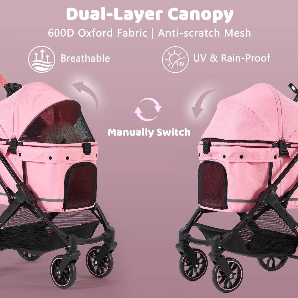 Kicari All-Terrain Dog Stroller for Small to Medium Dogs, Pet Stroller for Dogs & Cats Outdoor Walks, One-Hand Easy Fold, Double-Layer Anti-UV & Waterproof Canopy & Breathable Mesh, Sakura Pink