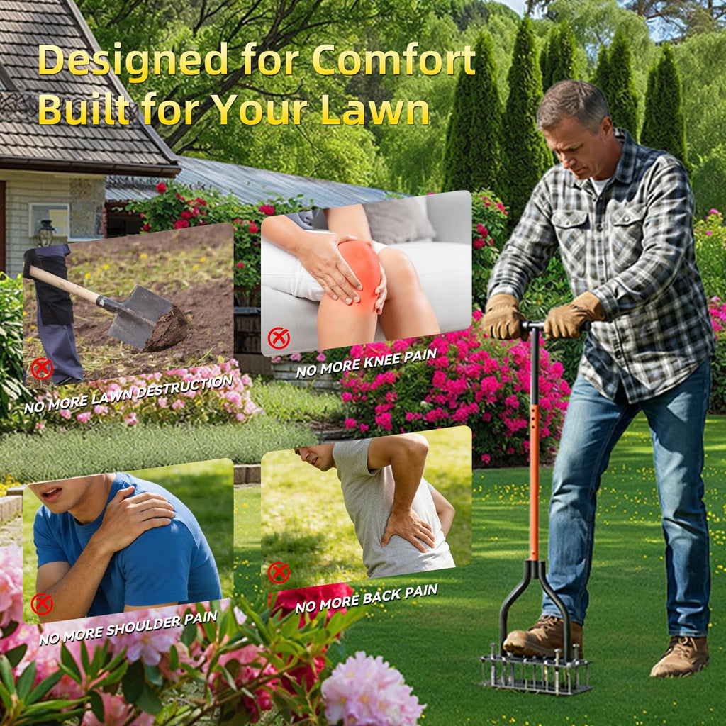 KXGBARN Lawn Aerator Tool with Dual-Layer Self-Cleaning Spikes, 15 Spike Heavy Duty Manual Lawn Aerator for Compact Soil, Anti-Clog Grass Aerator for Yard, Garden & Lawn Care