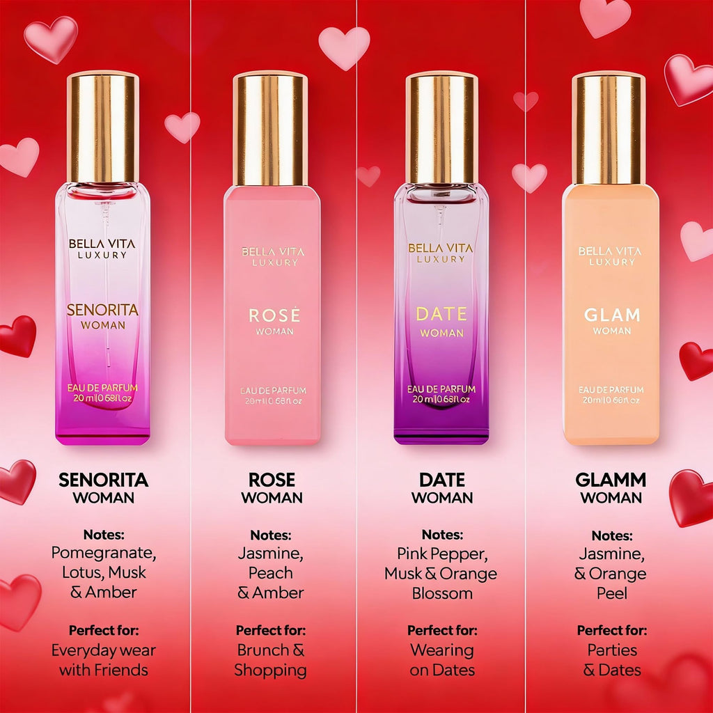 Bellavita Luxury Women's Perfume Gift Set with Rose, Senorita, Date, and Glam | 80ml | Perfume for Women | Pink Pepper, Yuzu and Floral Peach | Long Lasting Fragrance
