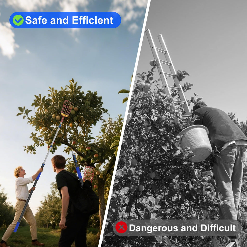 Karveden 18FT Reach Fruit Picker Pole with Basket Telescoping, 3-12FT Extendable Aluminum Apple Picker for Picking Avocados, Figs, Mangoes, Citrus Fruits - Durable Harvesting Fruit Catcher for Trees