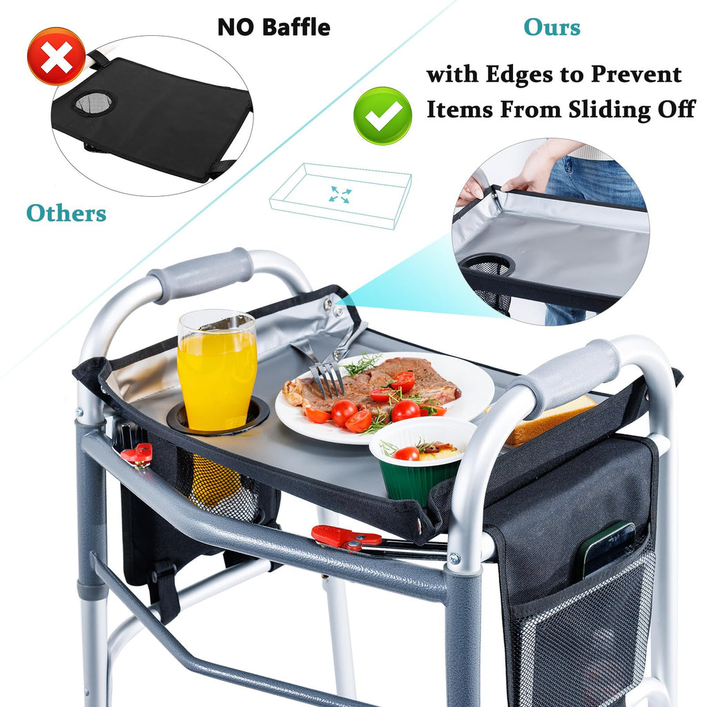 BAGSFY Walker Tray w/Side Pocket for Folding Walkers – Walker Accessory for Seniors with Cup Holder, Non-Slip Mat, and Easy Installation – Universal Fit Walker Table for Meals, Drinks, Reading