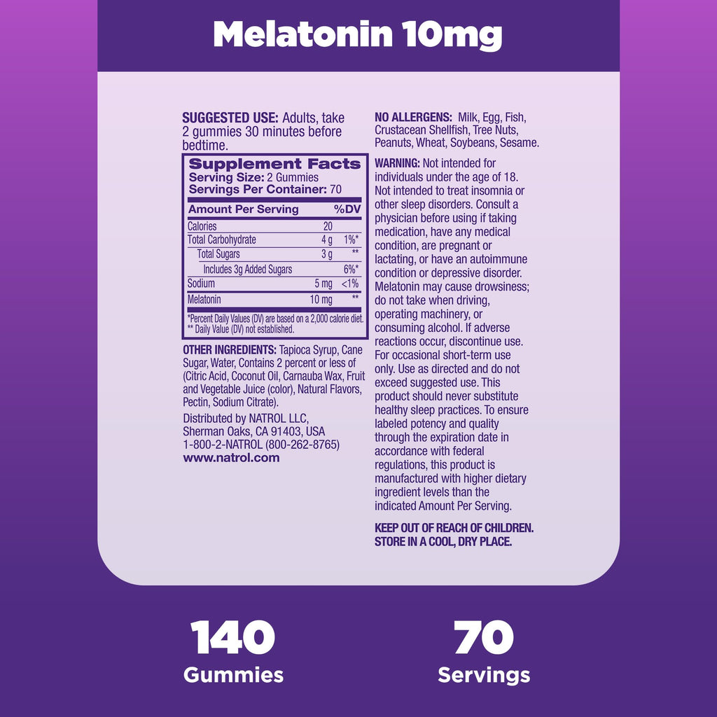 Natrol 10mg Melatonin Gummies, Sleep Support for Adults, Melatonin Supplements for Sleeping, 140 Strawberry-Flavored Gummies, 70 Day Supply